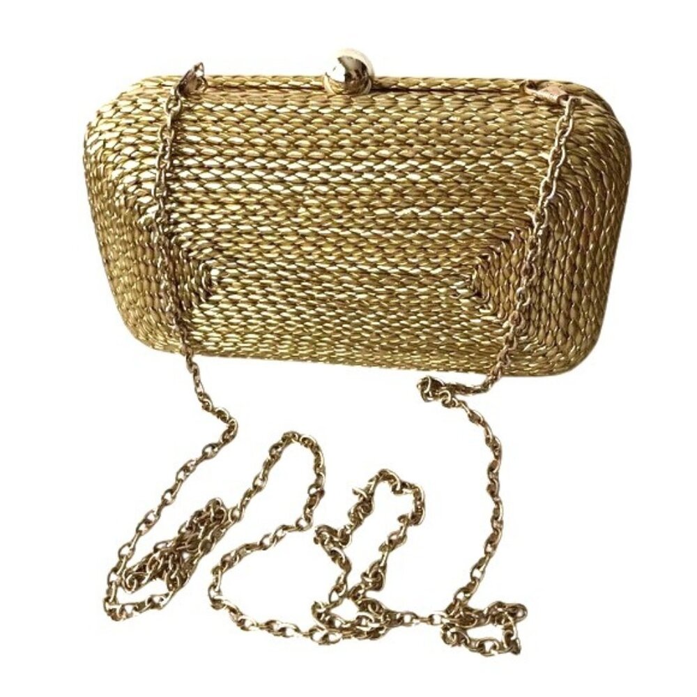 Gold Woven Bebe Clutch Purse With Chain Strap & Snap Closure - Elegant